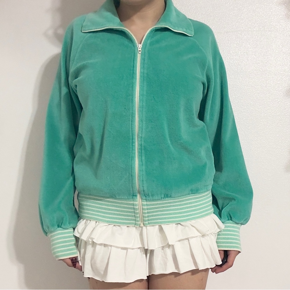 Retro 90’s 80’s true vintage teal green velour track jacket zip up sweater top